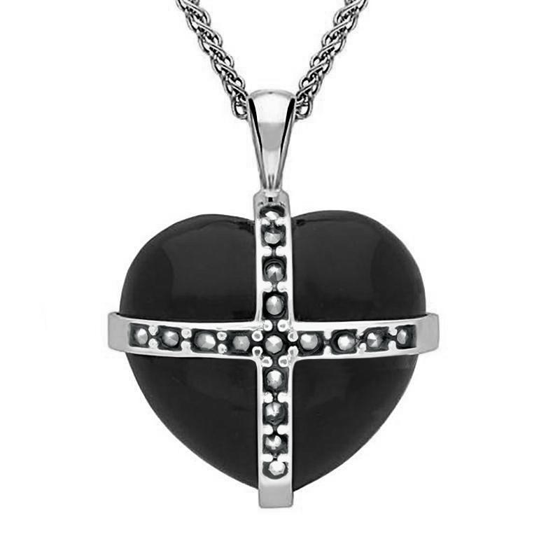 Sterling Silver Whitby Jet Marcasite Large Cross Heart Necklace - Option1 Value Silver