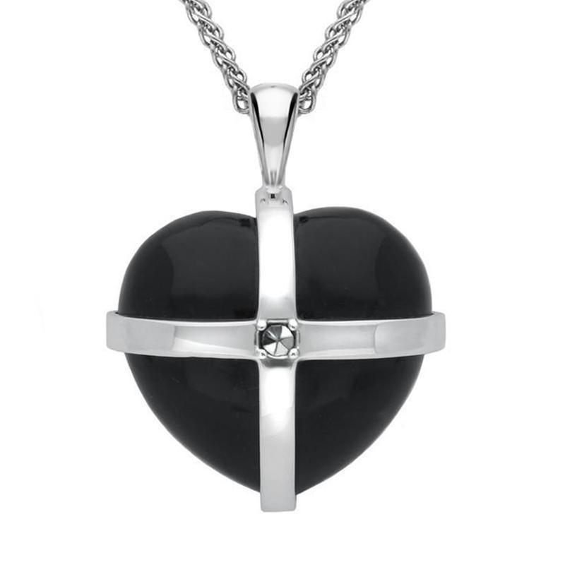 Sterling Silver Whitby Jet Marcasite Large Cross Heart Necklace - Silver