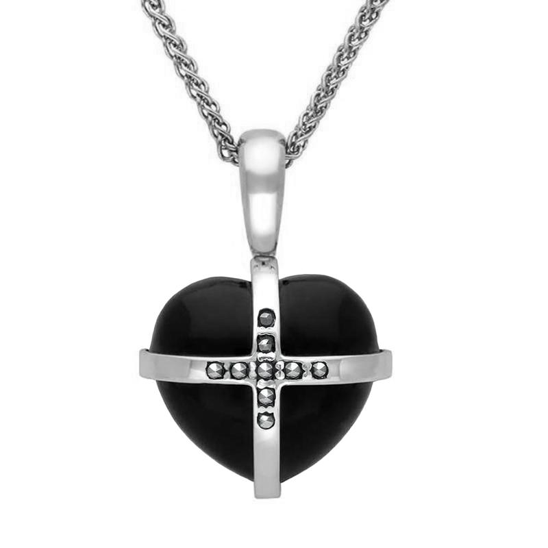 Sterling Silver Whitby Jet Marcasite Small Cross Heart Necklace - Silver