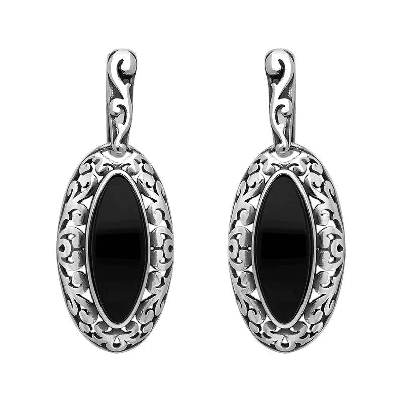 Sterling Silver Whitby Jet Marquise Pierced Frame Earrings