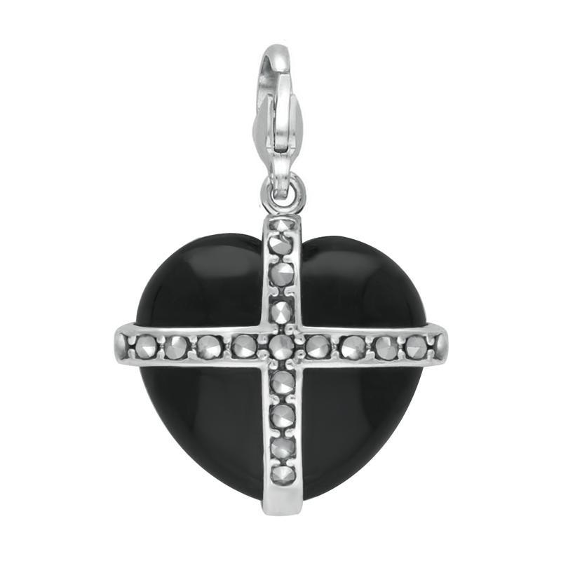 Sterling Silver Whitby Jet Nineteen Marcasite Large Cross Heart Charm - Option1 Value Silver
