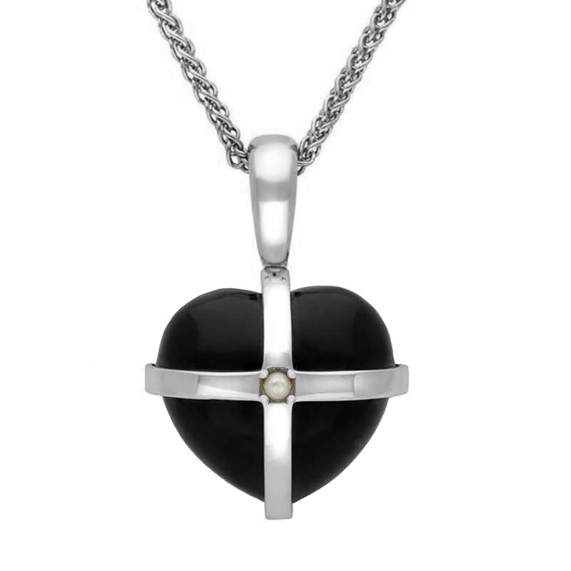 Sterling Silver Whitby Jet One Pearl Medium Cross Heart Necklace - Silver