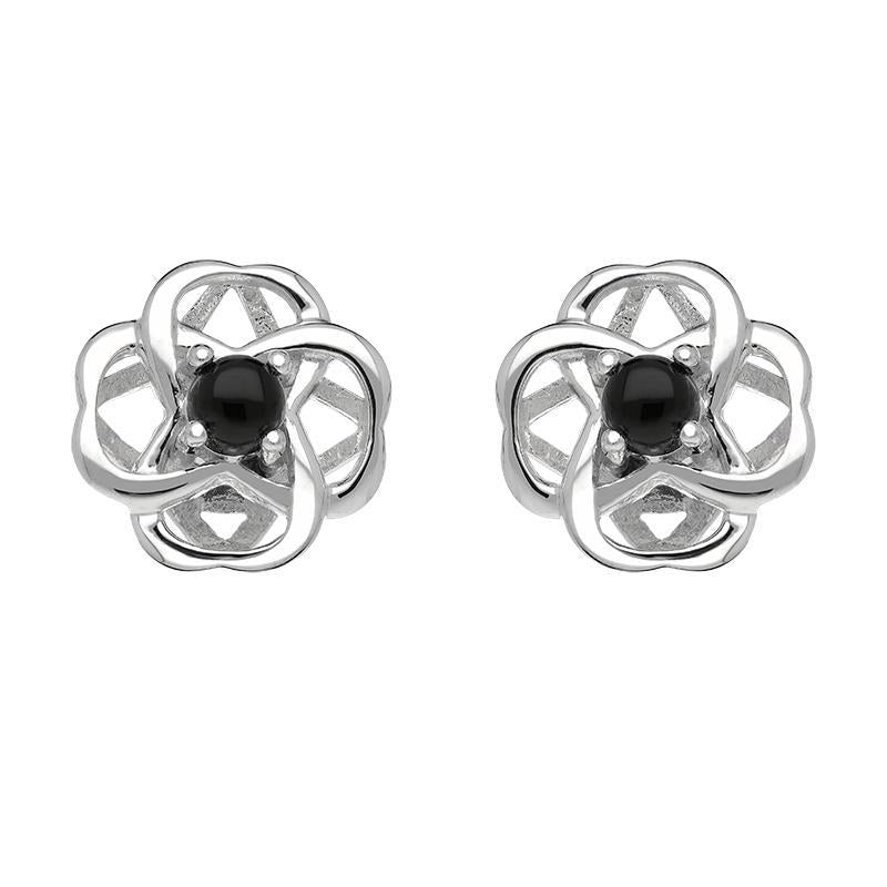 Sterling Silver Whitby Jet Open Round Flower Stud Earrings - Silver
