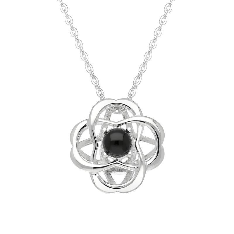 Sterling Silver Whitby Jet Open Round Flower Necklace - Silver