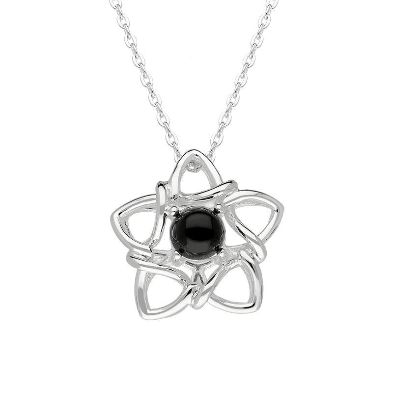 Sterling Silver Whitby Jet Open Star Flower Necklace - Silver