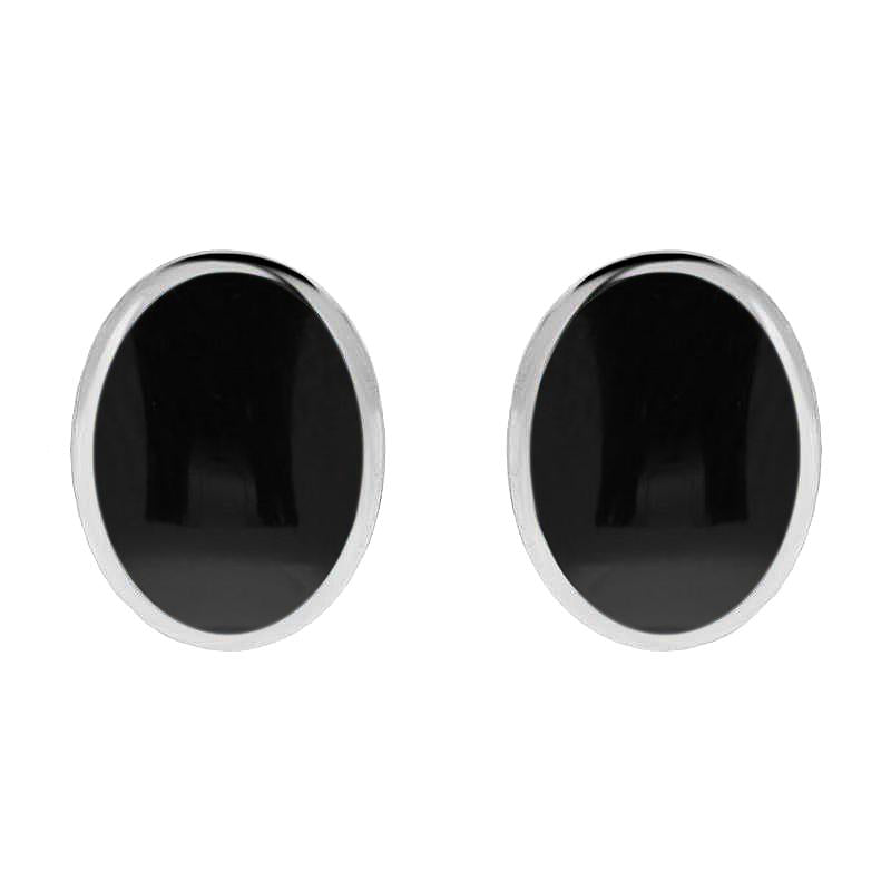 Sterling Silver Whitby Jet Oval Flat Omega Stud Earrings - Silver