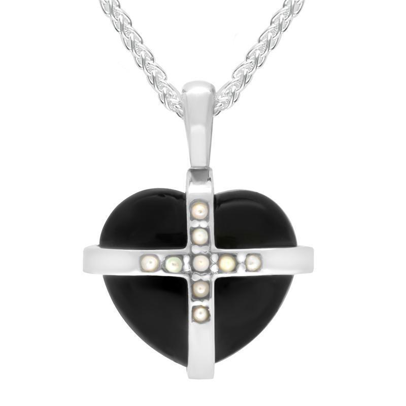 Sterling Silver Whitby Jet Pearl Small Cross Heart Necklace - Gold