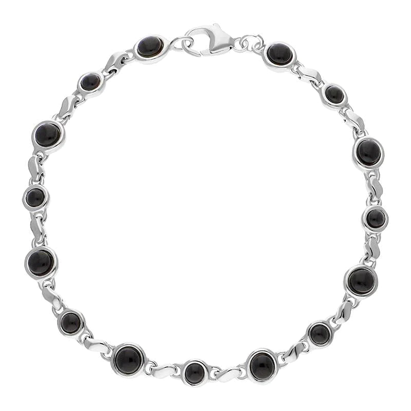 Sterling Silver Whitby Jet Round Bead Link Bracelet - Silver
