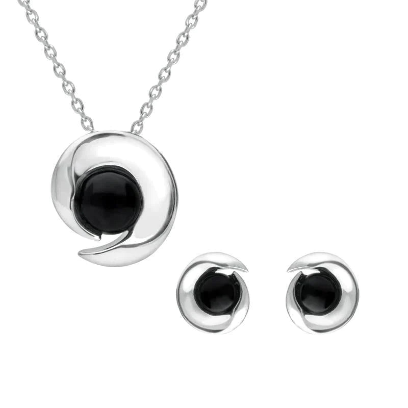 Sterling Silver Whitby Jet Round Spiral Two Piece Set - Silver