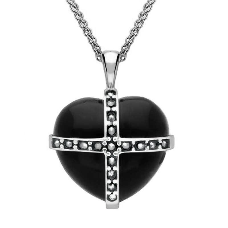 Sterling Silver Whitby Jet Seventeen Marcasite Medium Cross Heart Necklace - Option1 Value Silver