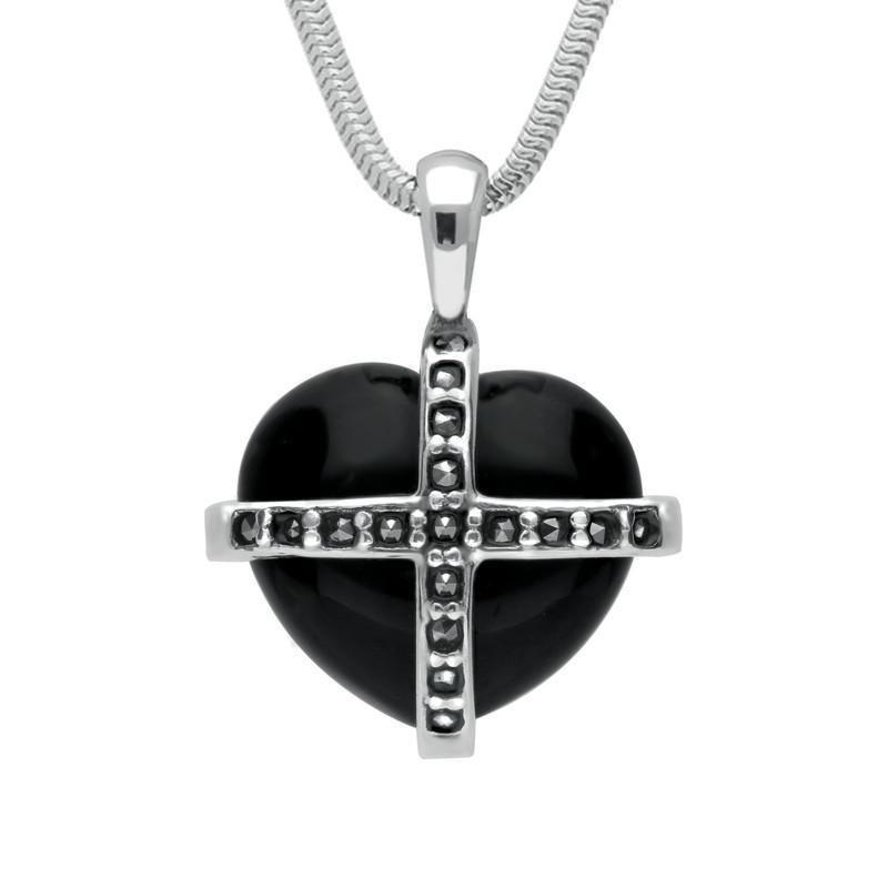 Sterling Silver Whitby Jet Seventeen Marcasite Small Cross Heart Necklace - Silver