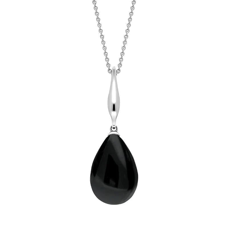 Sterling Silver Whitby Jet Tapered Top Pear Necklace - Silver