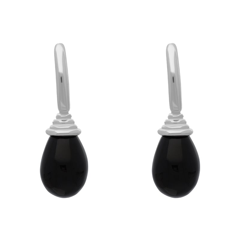 Sterling Silver Whitby Jet Tear Drop Hoop Earrings - Silver