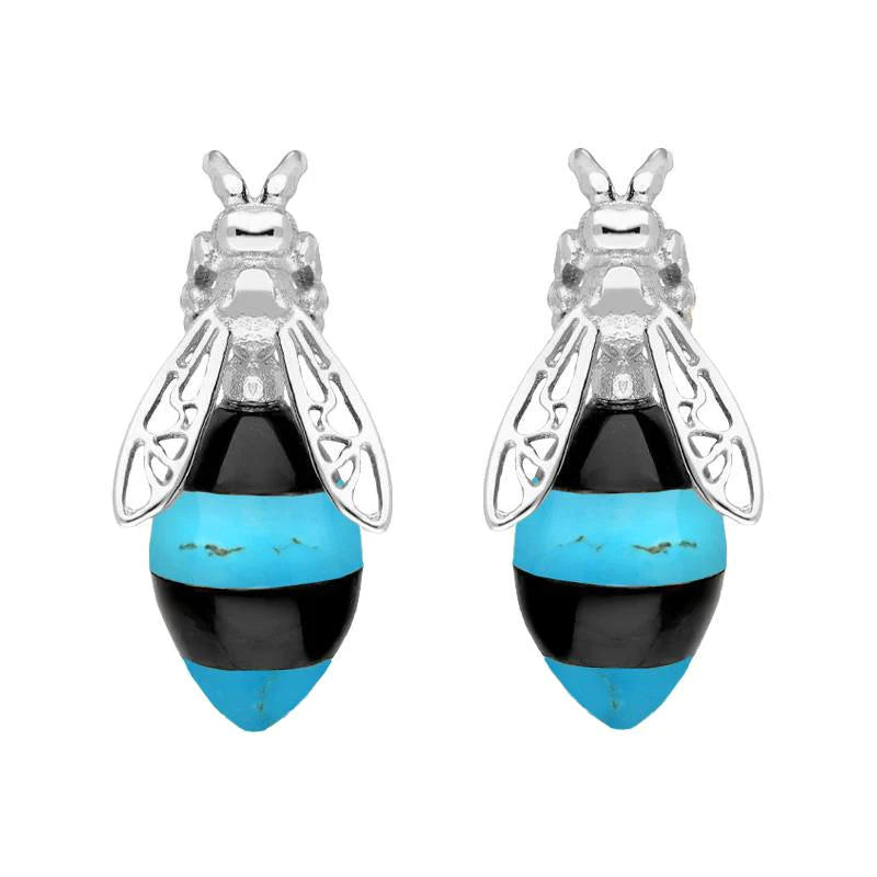 Sterling Silver Whitby Jet Turquoise Bee Stud Earrings