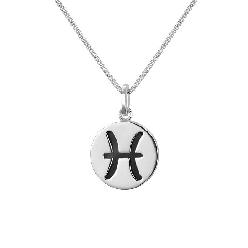 Sterling Silver Whitby Jet Zodiac Pisces Round Necklace - Silver