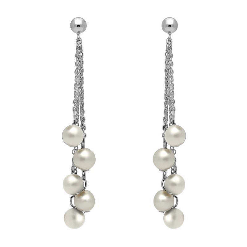 Sterling Silver White Pearl Beaded Tassel Drop Earrings - Silver