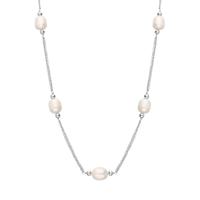 Sterling Silver White Pearl Beaded Triple Strand Necklace - Silver