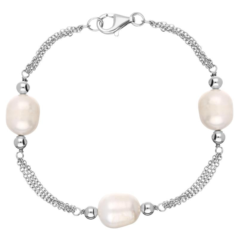 Sterling Silver White Pearl Triple Strand Bracelet D - Silver
