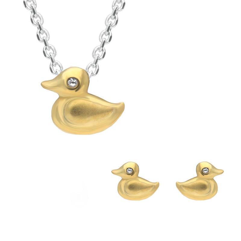 Sterling Silver Yellow Gold Plated Cubic Zirconia Duck Two Piece Set
