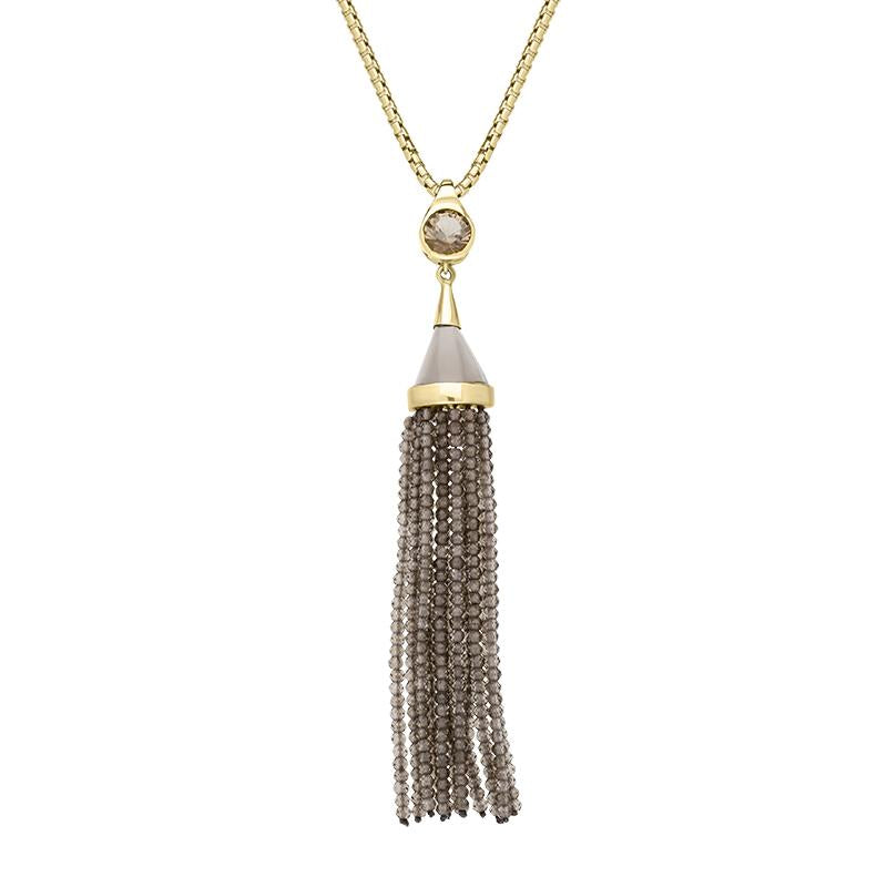 Yellow Gold Plated Sterling Silver Smokey Quartz Round Cascade Tassel Necklace D - Option1 Value