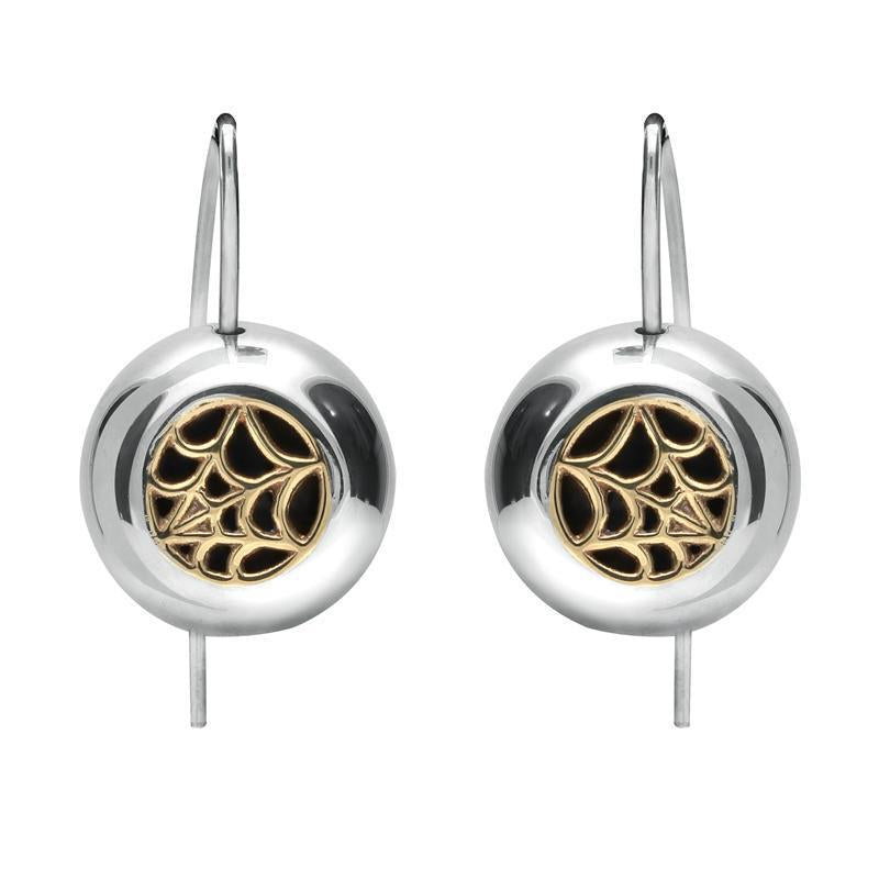 Sterling Silver 9ct Yellow Gold Whitby Jet Spider Web Hook Earrings - Yellow Gold