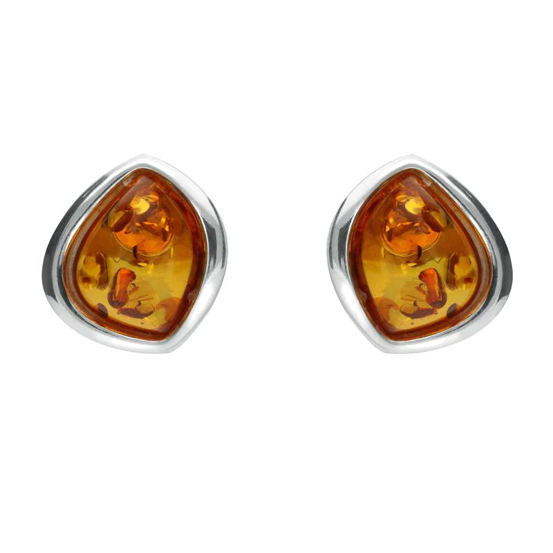 Sterling Silver Amber Abstract Marquise Stud Earrings - Silver