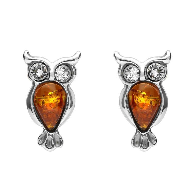 Sterling Silver Amber Cubic Zirconia Owl Stud Earrings - Option1 Value Silver