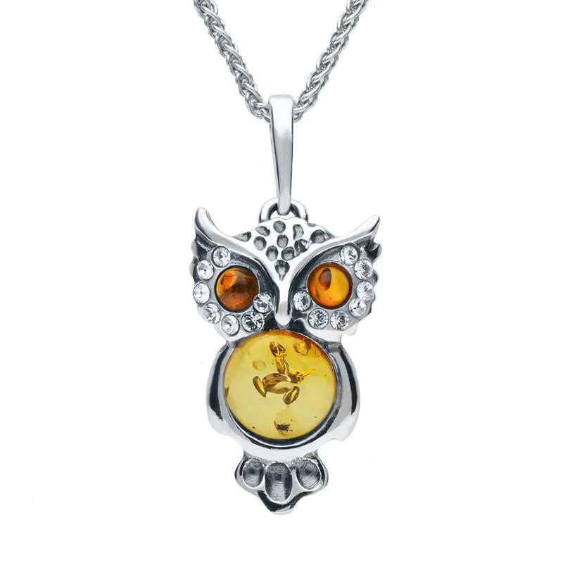 Sterling Silver Amber Cubic Zirconia Owl Medium Necklace - Option1 Value Silver