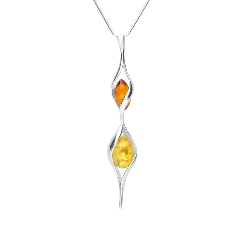 Sterling Silver Amber Double Graduated Twist Bead Necklace - Silver