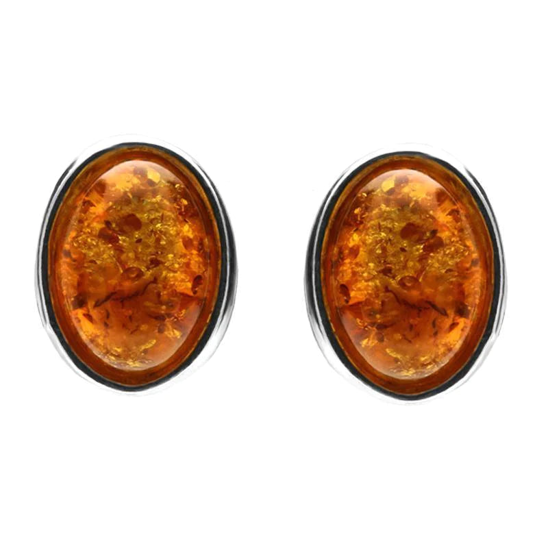 Sterling Silver Amber Framed Oval Stud Earrings - Silver