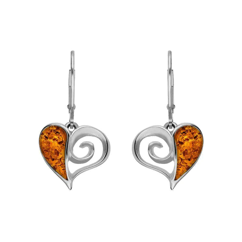 Sterling Silver Amber Heart Drop Earrings - Silver