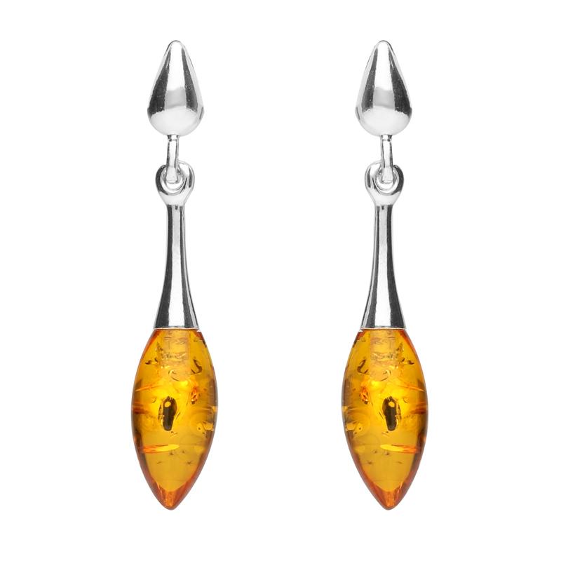 Sterling Silver Amber Long Slim Marquise Drop Stud Earrings - Silver