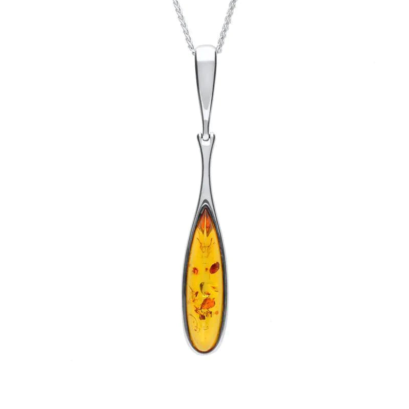 Sterling Silver Amber Long Slim Peardrop Necklace - Option1 Value Silver
