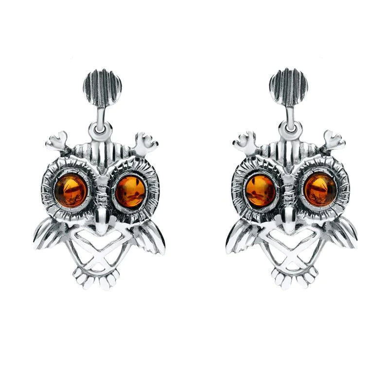 Sterling Silver Amber Orange Owl Stud Earrings - Option1 Value Silver