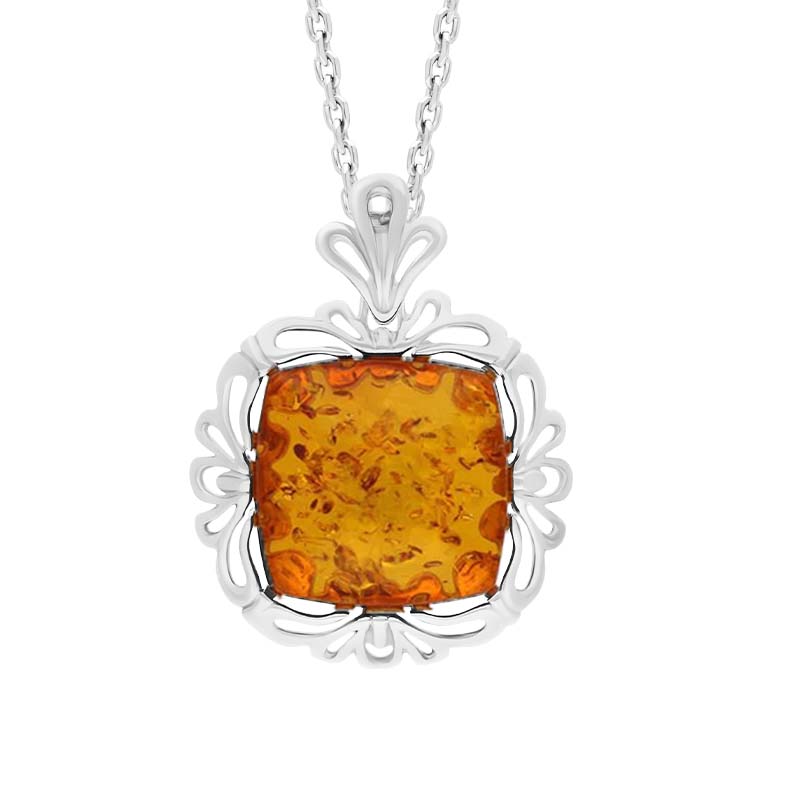 Sterling Silver Amber Ornate Edged Necklace - Option1 Value Silver