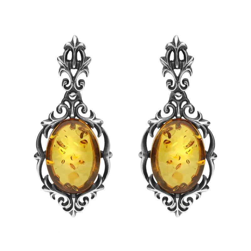Sterling Silver Amber Oval Drop Earrings - Silver