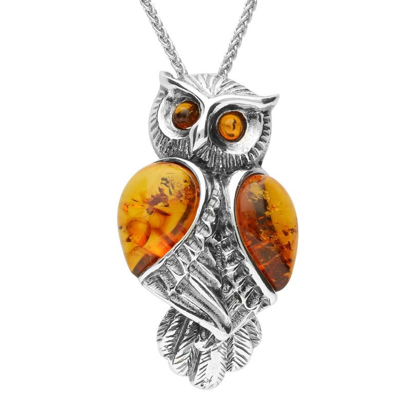 Sterling Silver Amber Owl Necklace - Option1 Value Silver