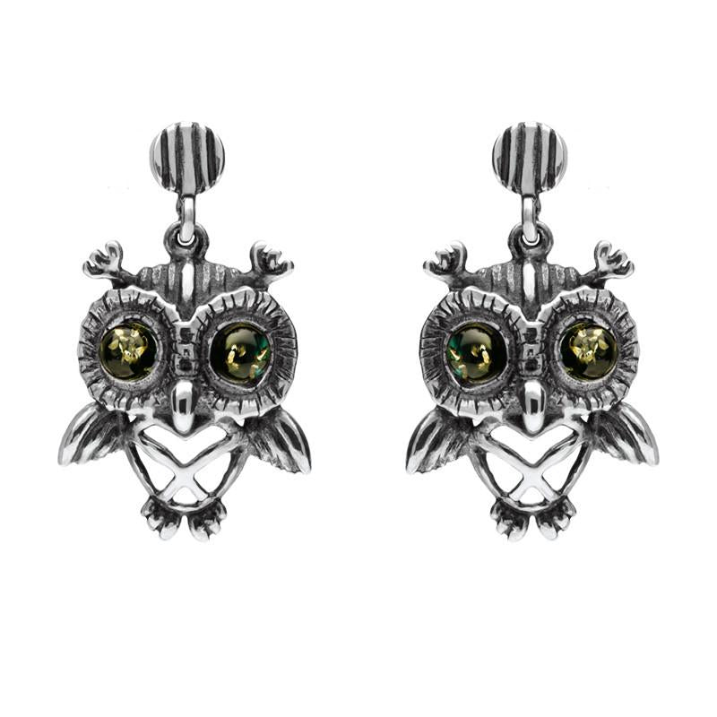 Sterling Silver Amber Owl Stud Earrings - Silver