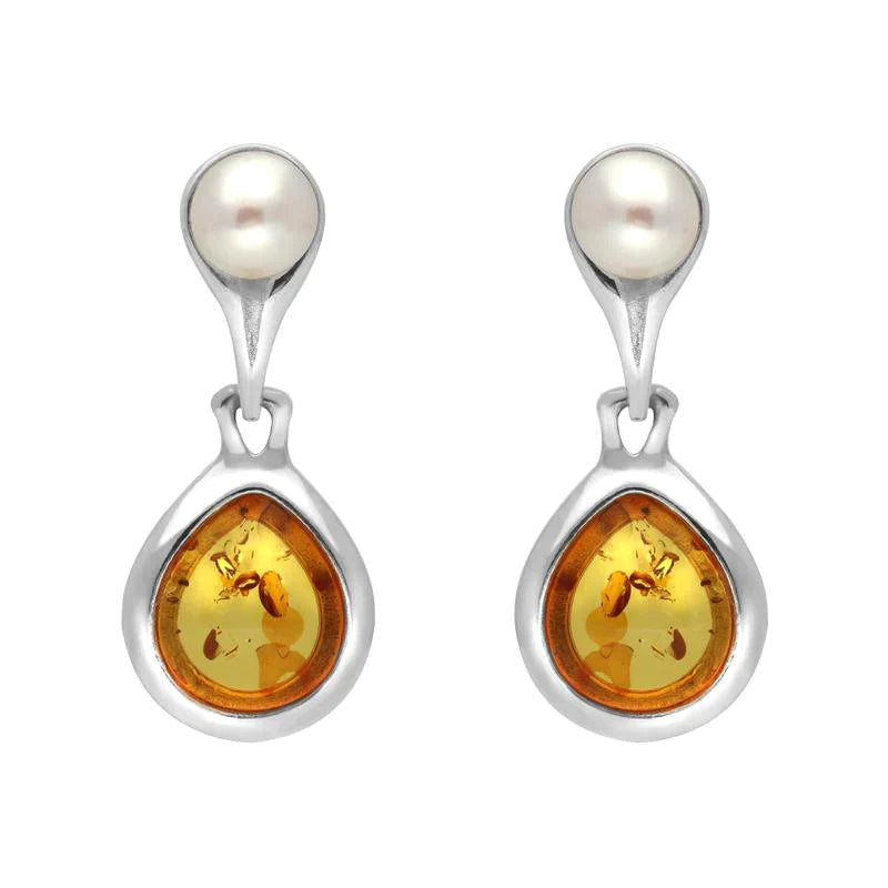 Sterling Silver Amber Pearl Drop Earrings - Silver