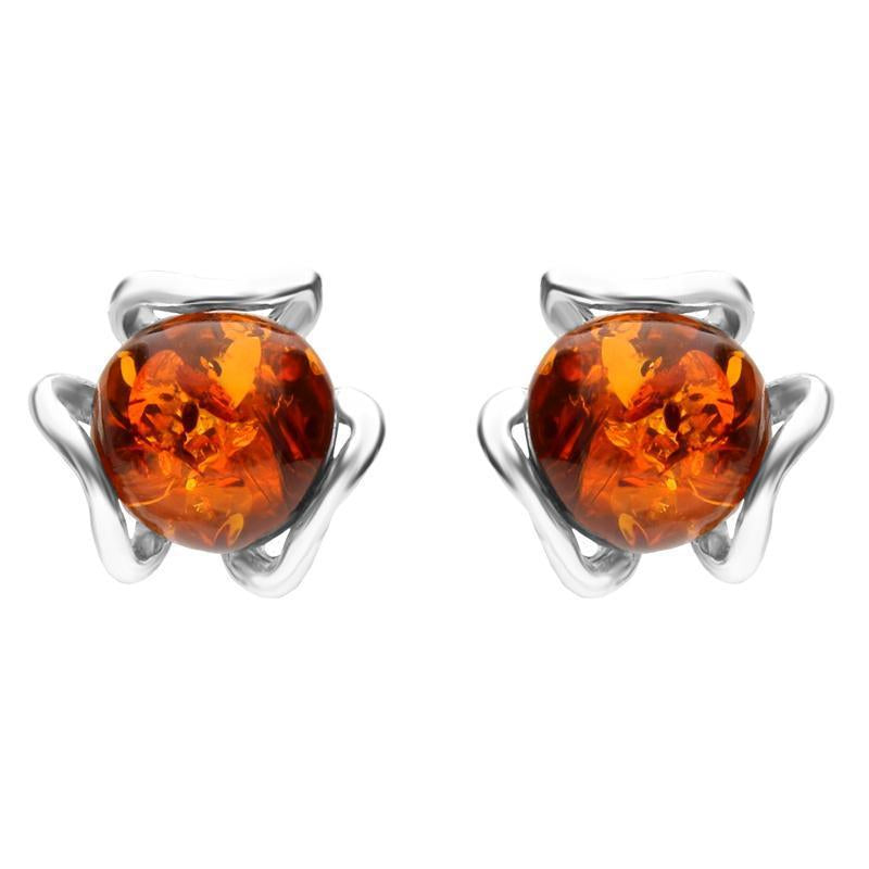 Sterling Silver Amber Round Petal Detail Stud Earrings - Silver