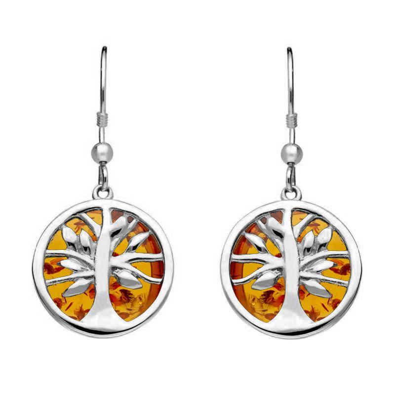 Sterling Silver Amber Round Tree Drop Earrings