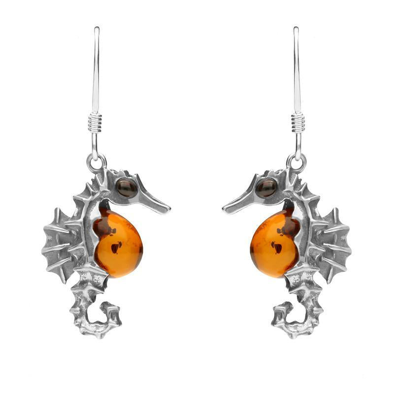 Sterling Silver Amber Seahorse Drop Earrings - Silver
