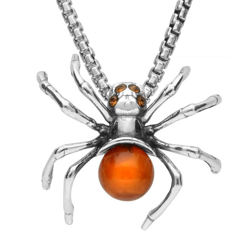 Sterling Silver Amber Spider Necklace - Silver