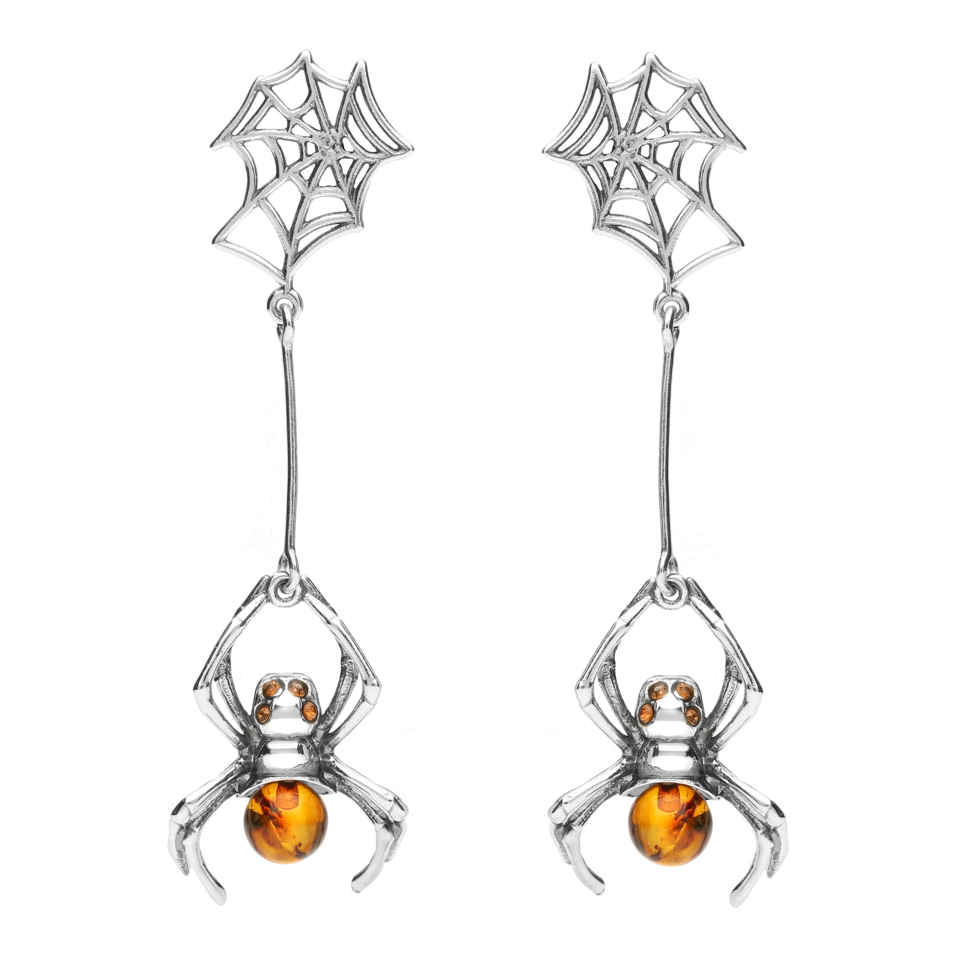 Sterling Silver Amber Spider Web Drop Earrings - Silver