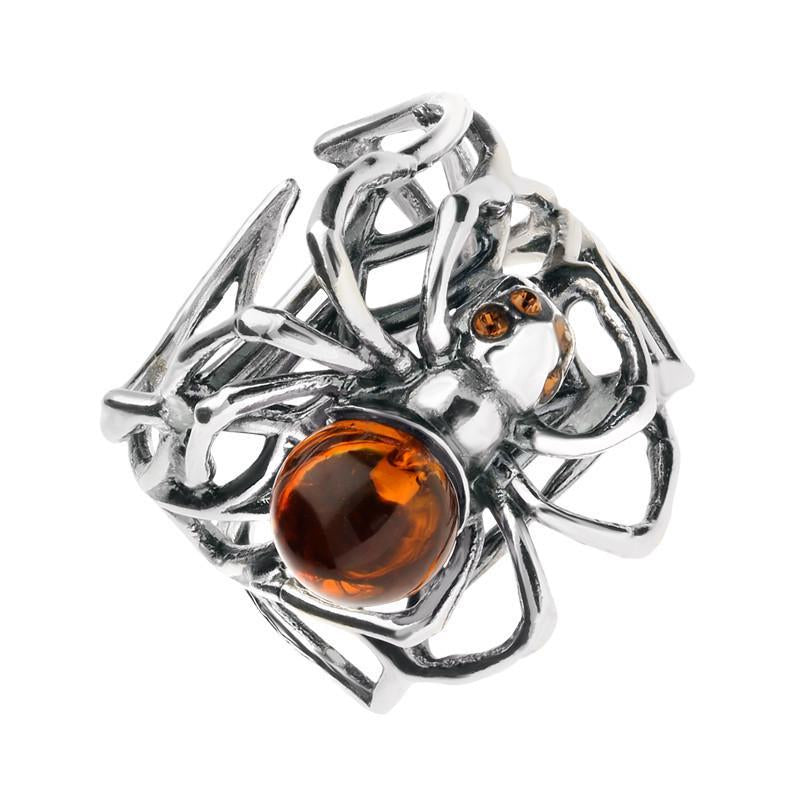 Sterling Silver Amber Spider Web Style Ring - Silver