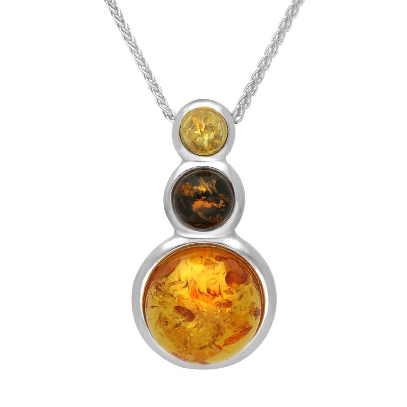 Sterling Silver Amber Three Stone Graduated Drop Necklace - Silver