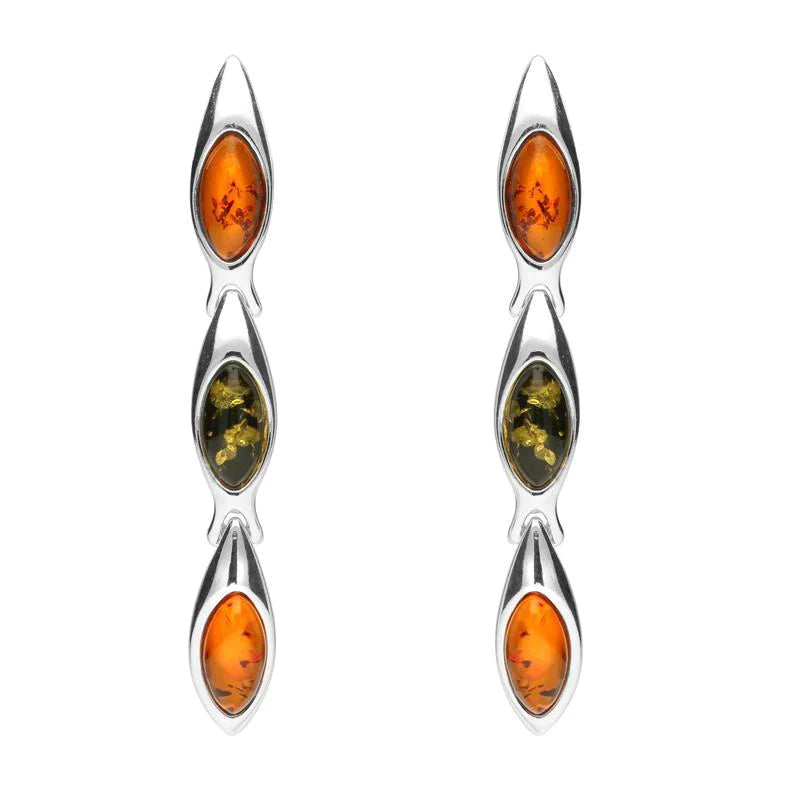 Sterling Silver Baltic Amber Three Stone Marquise Drop Earrings - Silver
