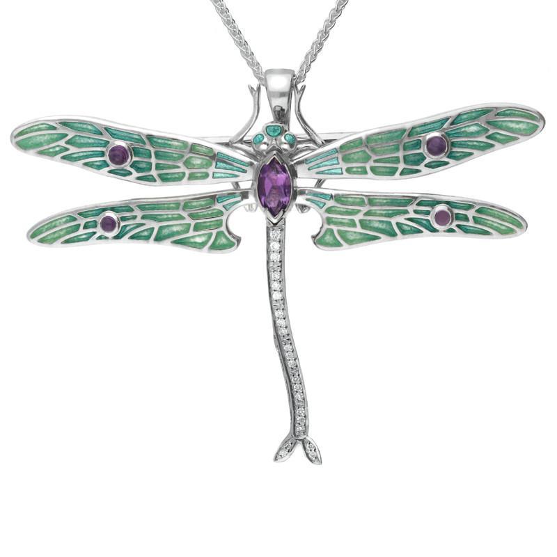 Sterling Silver Amethyst Diamonds House Style Dragonfly Brooch Necklace