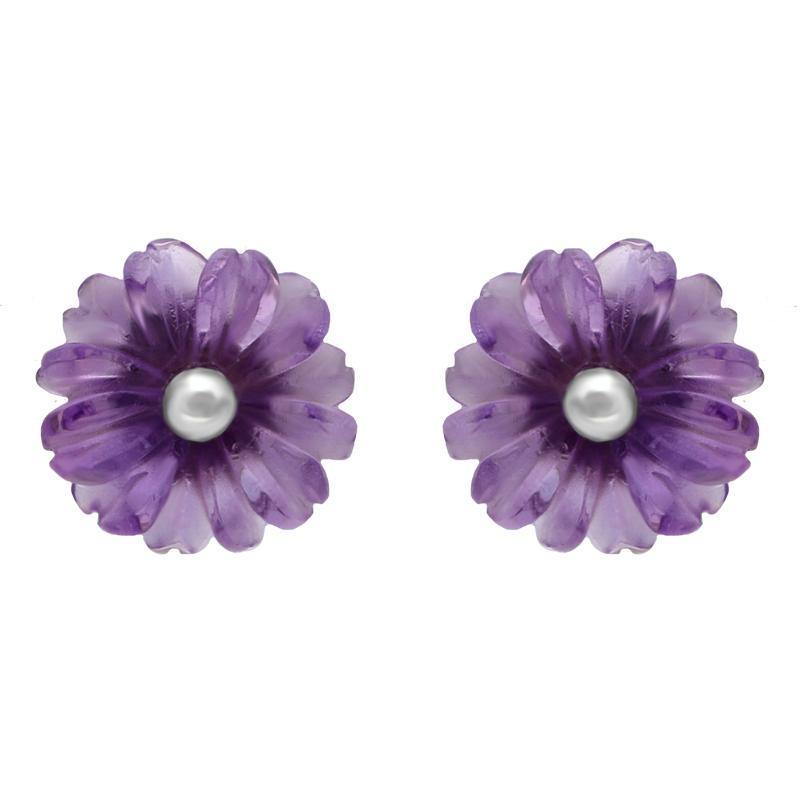 Sterling Silver Amethyst Tuberose 8mm Daisy Stud Earrings - Silver