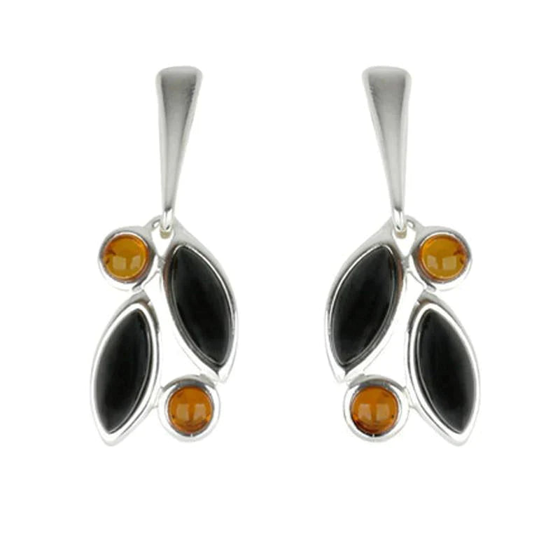 Sterling Silver Baltic Amber Whitby Jet Drop Stud Earrings - Silver